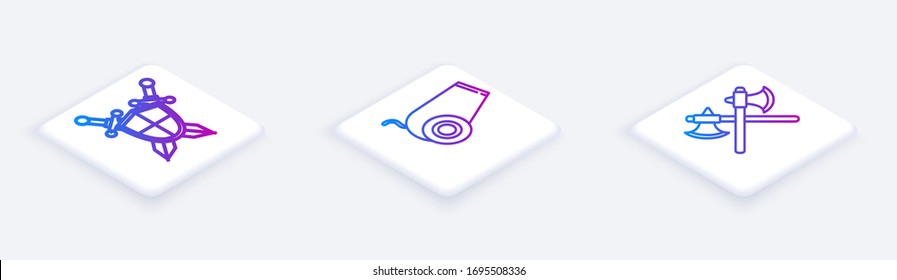 Set Isometric line Medieval shield with crossed swords, Cannon and Crossed medieval axes. White square button. Vector