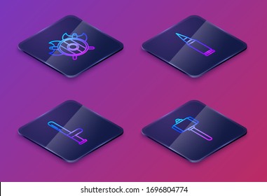 Isometrische Linie Mittelalterlicher Schild mit gekreuzten Achsen, Polizei Gummi-Schlagzeug, Kugel und Schlachthammer. Blauer Quadrat-Knopf. Vektorillustration