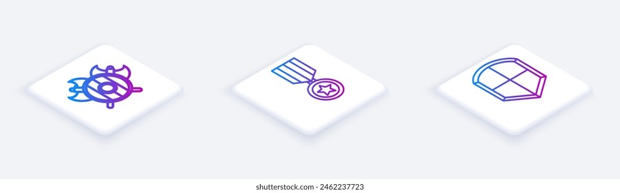 Set Isometric line Medieval shield with crossed axes, Military reward medal and Shield. White square button. Vector