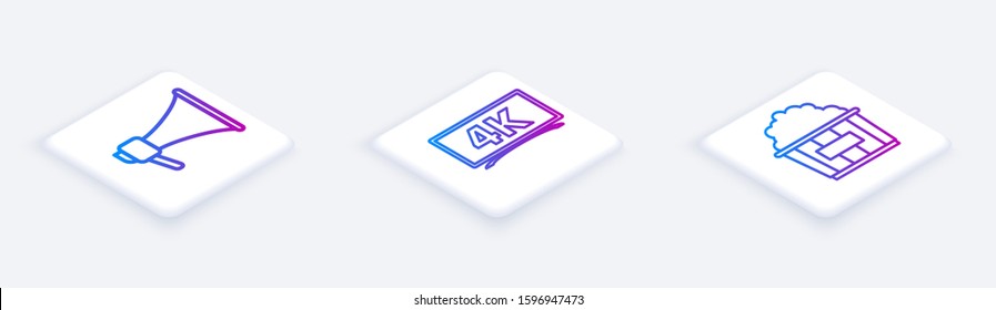 Set Isometric line Megaphone , Screen tv with 4k Ultra HD video technology  and Popcorn in cardboard box . White square button. Vector