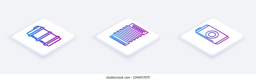 Set Isometric line Metal beer keg, Musical instrument accordion and Beer can. White square button. Vector