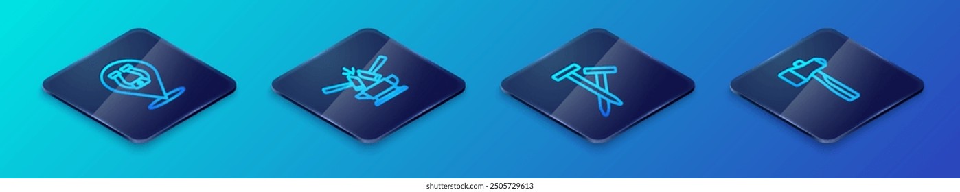 Set Isometric line Metallic nails, Horseshoe, Hammer and Anvil and hammer icon. Vector