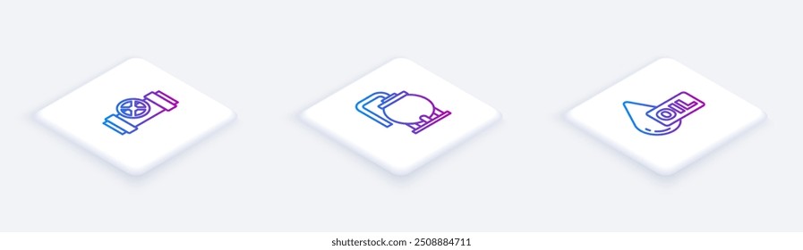 Set Isometric line Metallic pipes and valve, Oil tank storage and drop. White square button. Vector