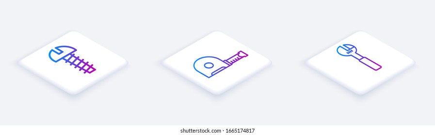 Set Isometric line Metallic screw, Roulette construction and Adjustable wrench. White square button. Vector