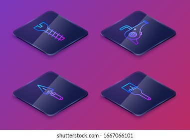 Set Isometric line Metallic screw, Trowel, Leaf garden blower and Paint brush. Blue square button. Vector