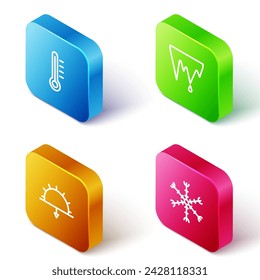 Isometrische Linie festlegen Meteorologie-Thermometer, Eiszapfen, Sonnenuntergang und Schneeflocken-Symbol. Vektor