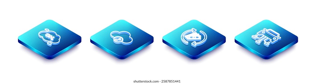 Set Isometric line Methane emissions reduction, Music streaming service, Refund money and Car sharing icon. Vector