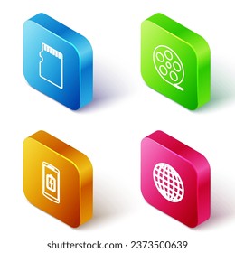 Set Isometric line Micro SD memory card, Film reel, Smartphone battery charge and Earth globe icon. Vector