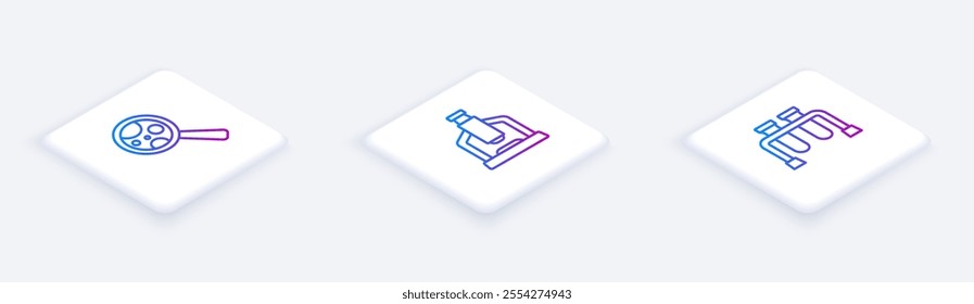 Set Isometric line Microorganisms under magnifier, Microscope and Test tube. White square button. Vector