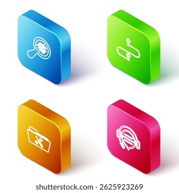 Set Isometric line Microorganisms under magnifier, Route location, Folder service and Headphones with speech bubble chat icon. Vector