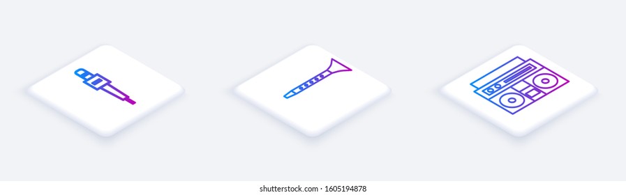 Set Isometric line Microphone, Clarinet and Home stereo with two speakers. White square button. Vector