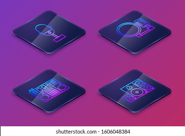 Set Isometric line Microphone, DJ remote for playing and mixing music, Microphone and Stereo speaker. Blue square button. Vector
