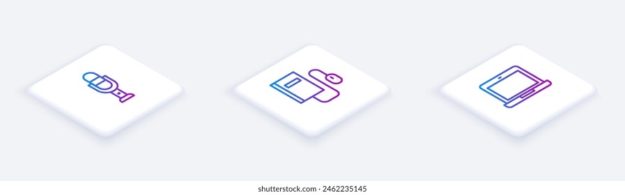 Conjunto de línea isométrica Micrófono, libro Electrónica con ratón y ordenador portátil. Botón cuadrado blanco. Vector