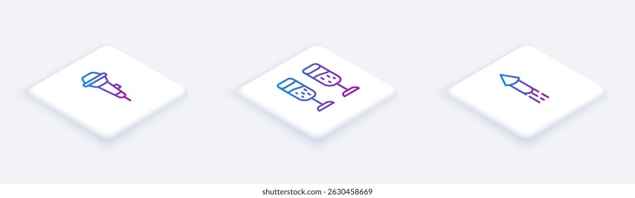 Conjunto de micrófono de línea isométrica, copa de champán y cohete de fuegos artificiales. Botón cuadrado blanco. Vector