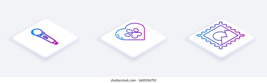 Set Isometric line Microphone, Heart with animals footprint and Picture landscape. White square button. Vector