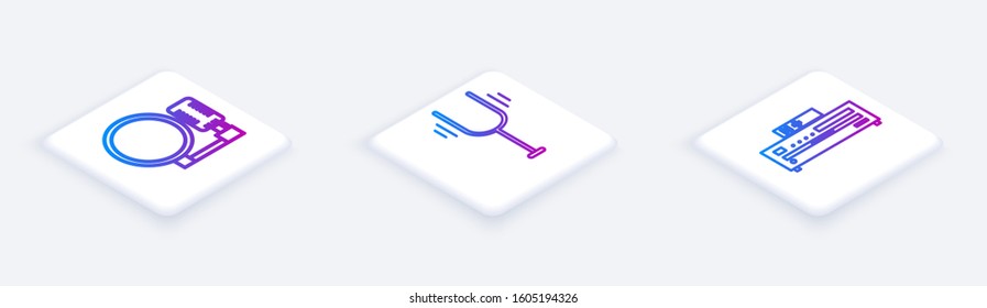 Set Isometric line Microphone, Musical tuning fork and Music CD player. White square button. Vector