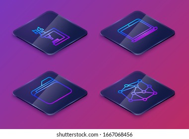 Set Isometric line Microscope, Document folder, Laptop and Neural network. Blue square button. Vector