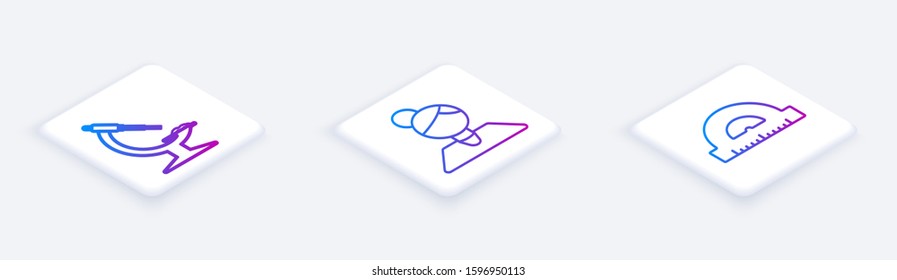 Set Isometric line Microscope, Teacher and Protractor grid for measuring degrees. White square button. Vector