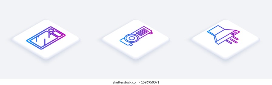 Set Isometric line Microwave oven , Presentation, movie, film, media projector  and Kitchen extractor fan . White square button. Vector