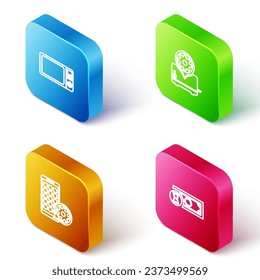 Set Isometric line Microwave oven, Toaster setting, Mobile Apps and Fast payments icon. Vector