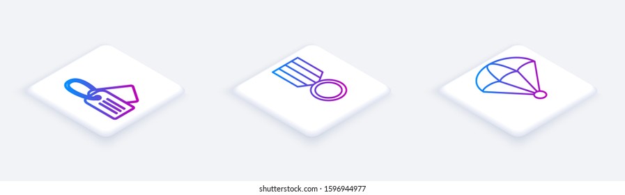 Set Isometric line Military dog tag , Military reward medal  and Parachute . White square button. Vector