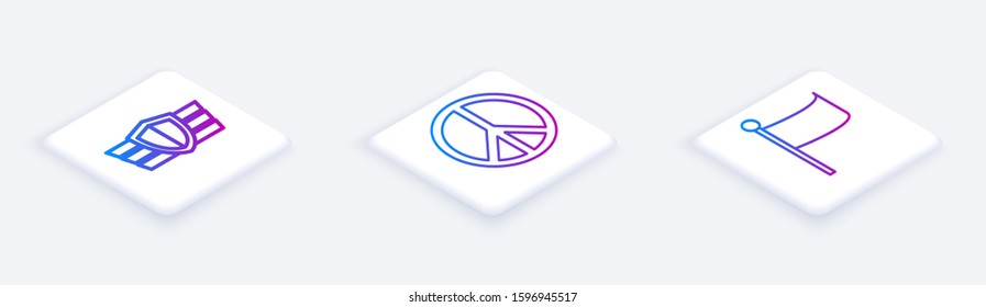 Set Isometric line Military reward medal , Peace  and Flag . White square button. Vector