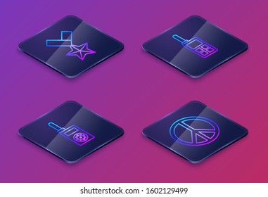 Set Isometric line Military reward medal , Walkie talkie , Walkie talkie  and Peace . Blue square button. Vector