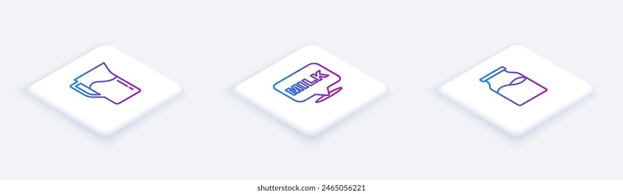 Set Isometric line Milk jug or pitcher, Lettering milk and Bottle with. White square button. Vector