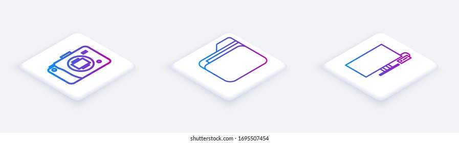 Set Isometric line Mirrorless camera, Document folder and Smart Tv. White square button. Vector
