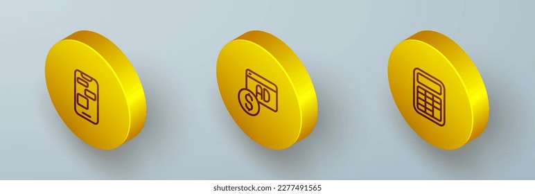 Set Isometric line Mobile 24 hours support, Advertising and Calculator icon. Vector