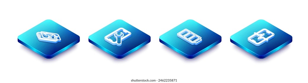 Set Isometric line Mobile with broken screen, service, Battery and Phone repair icon. Vector