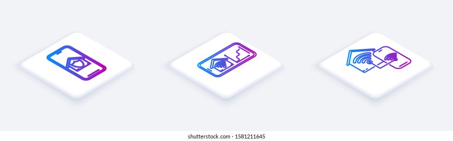 Set Isometric line Mobile phone with house under protection, Mobile phone with smart home with wi-fi and Smart home with wi-fi. White square button. Vector
