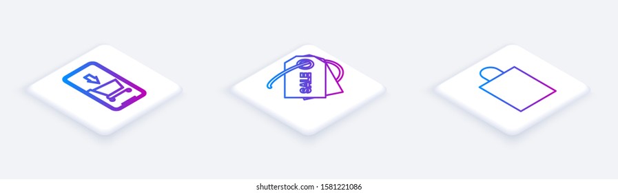 Set Isometric line Mobile phone and shopping cart, Price tag with an inscription Sale and Paper shopping bag. White square button. Vector
