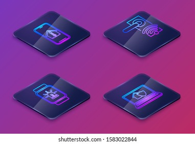 Set Isometric line Mobile phone with house temperature, Smart watch with smart house and alarm, Digital door lock with wireless technology for unlock and Laptop with house under protection. Vector