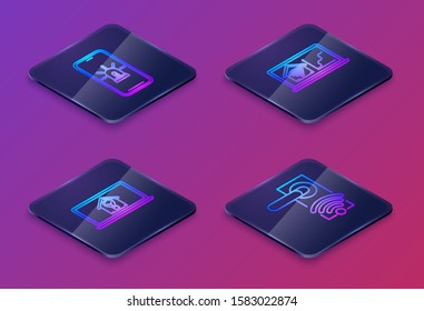 Set Isometric line Mobile phone with smart house and alarm, Laptop with smart house and light bulb, Laptop with smart home with wi-fi and Digital door lock with wireless technology for unlock. Vector