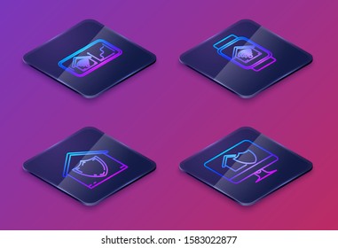 Set Isometric line Mobile phone with smart home with wi-fi, House under protection, Smart watch with smart home with wi-fi and Computer monitor with house under protection. Blue square button. Vector