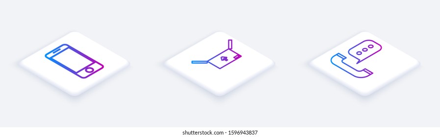 Set Isometric line Mobile phone with app delivery tracking, Cardboard box with traffic symbol  and Telephone with speech bubble chat . White square button. Vector