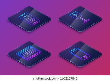Set Isometric line Mobile phone with app delivery tracking , Laptop with app delivery tracking , Fragile broken glass symbol and Mobile phone with app delivery tracking. Blue square button. Vector