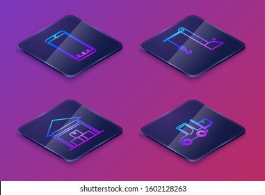 Set Isometric line Mobile phone with app delivery tracking, Warehouse , Harbor port crane and Forklift truck . Blue square button. Vector