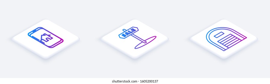 Set Isometric line Mobile phone with smart home, Hanging sign with text Sale and Warehouse. White square button. Vector