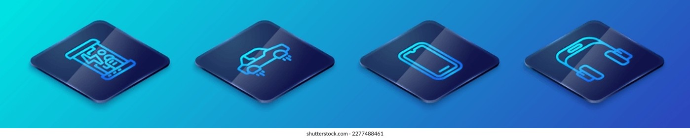 Set Isometric line Mobile phone, Cryogenic capsules, Headphones and Fantastic flying car icon. Vector