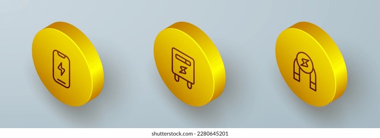 Set Isometric Line Handy, Electric Meter und Magnet Symbol. Vektorgrafik
