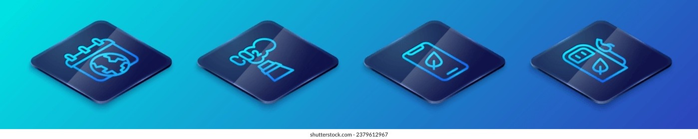 Set Isometric line Mobile phone with leaf, World Earth day, Petrol gas station and CO2 emissions in cloud icon. Vector