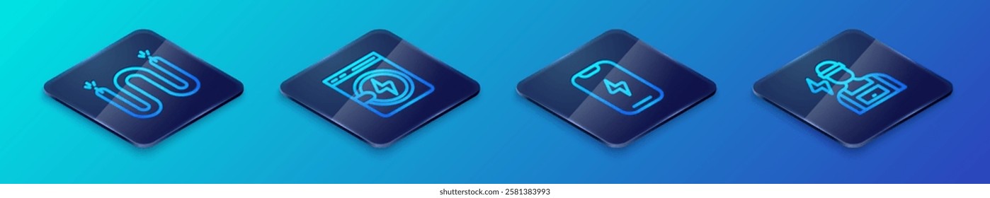 Set Isometric line Mobile phone, Electric cable, Electrician and Washer icon. Vector