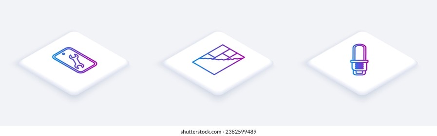 Set Isometric line Mobile service, Bricks and Chainsaw. White square button. Vector