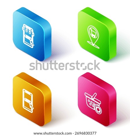 Set Isometric line Mobile and shopping cart, Location,  and Refresh basket icon. Vector