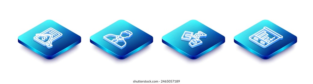 Set Isometric line Mobile stock trading, Worker, Tearing money banknote and Pie chart infographic icon. Vector