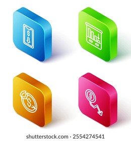 Set Isometric line Mobile stock trading, Pie chart infographic, Dollar rate decrease and  icon. Vector