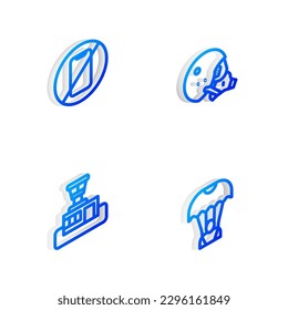 Set Isometric line Modern pilot helmet, No cell phone, Airport control tower and Parachute icon. Vector