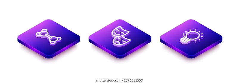 Set Isometric line Molecule, Comedy and tragedy masks and Creative lamp light idea icon. Vector
